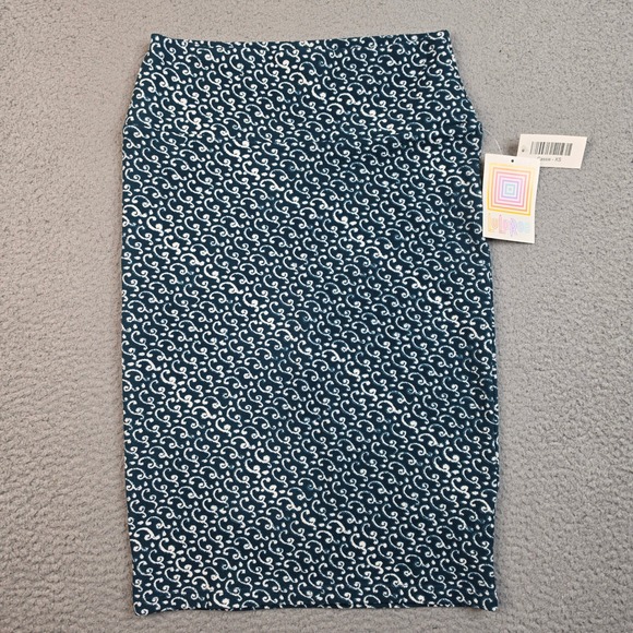 LuLaRoe Dresses & Skirts - LuLaRoe Cassie Pencil Skirt XS Teal Blue White Scroll Print Stretch Midi NWT